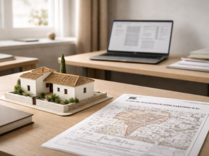 Mesa de trabajo de consultoría de patrimonio en Granada con plano de delimitación de entorno BIC y maqueta de arquitectura tradicional andaluza.