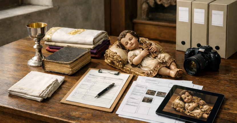 Mesa de trabajo técnica con cámara fotográfica, fichas de inventario y bienes muebles parroquiales para su catalogación en Granada.
