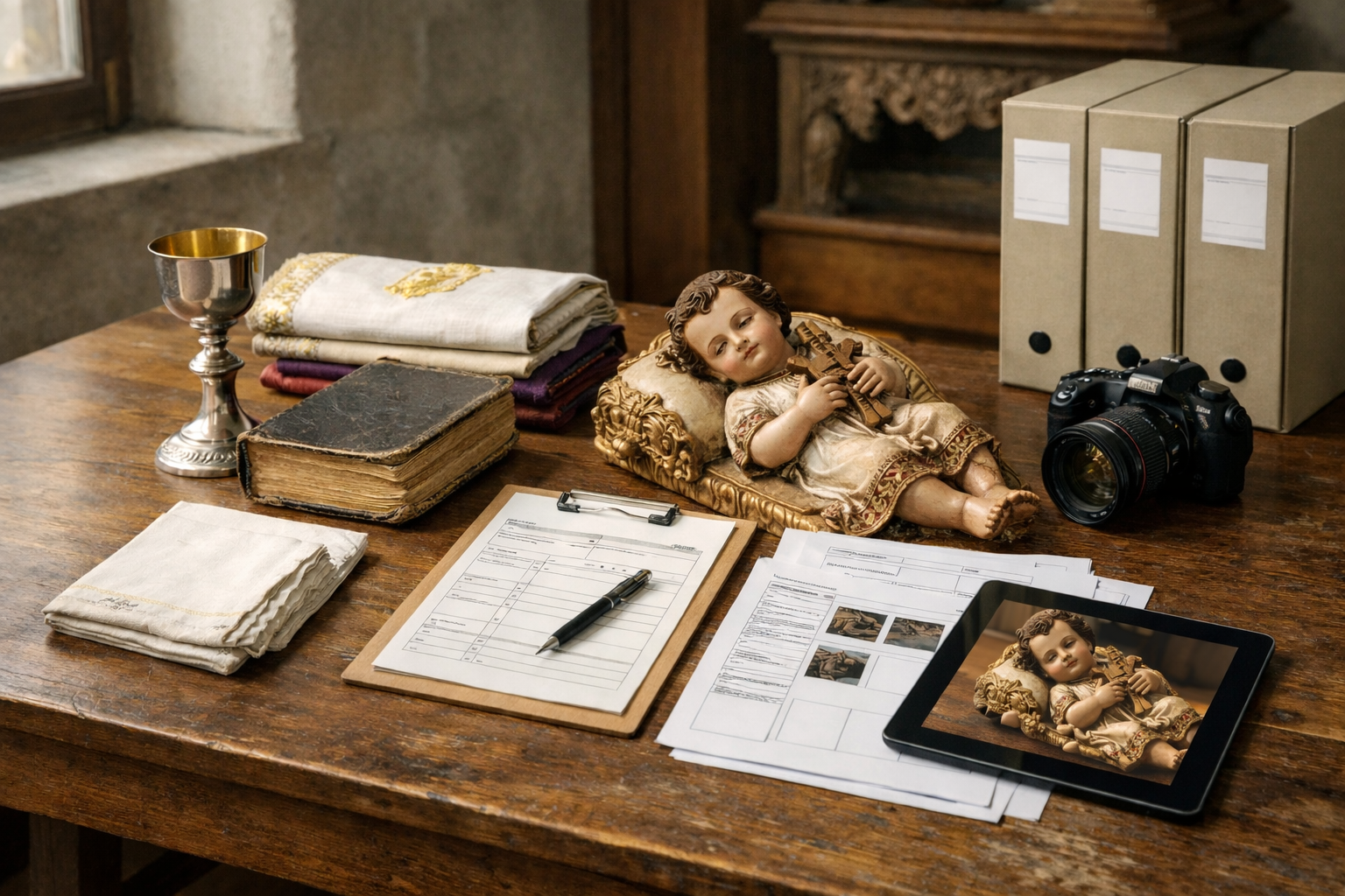 Mesa de trabajo técnica con cámara fotográfica, fichas de inventario y bienes muebles parroquiales para su catalogación en Granada.