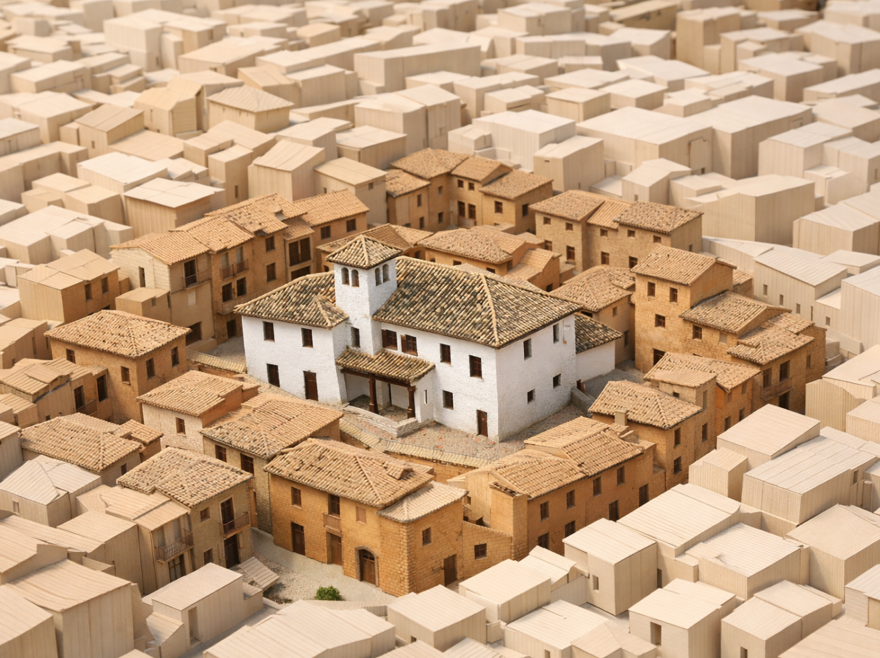 Maqueta arquitectónica que representa un Bien de Interés Cultural (BIC) y la delimitación de su entorno de protección en un casco histórico.