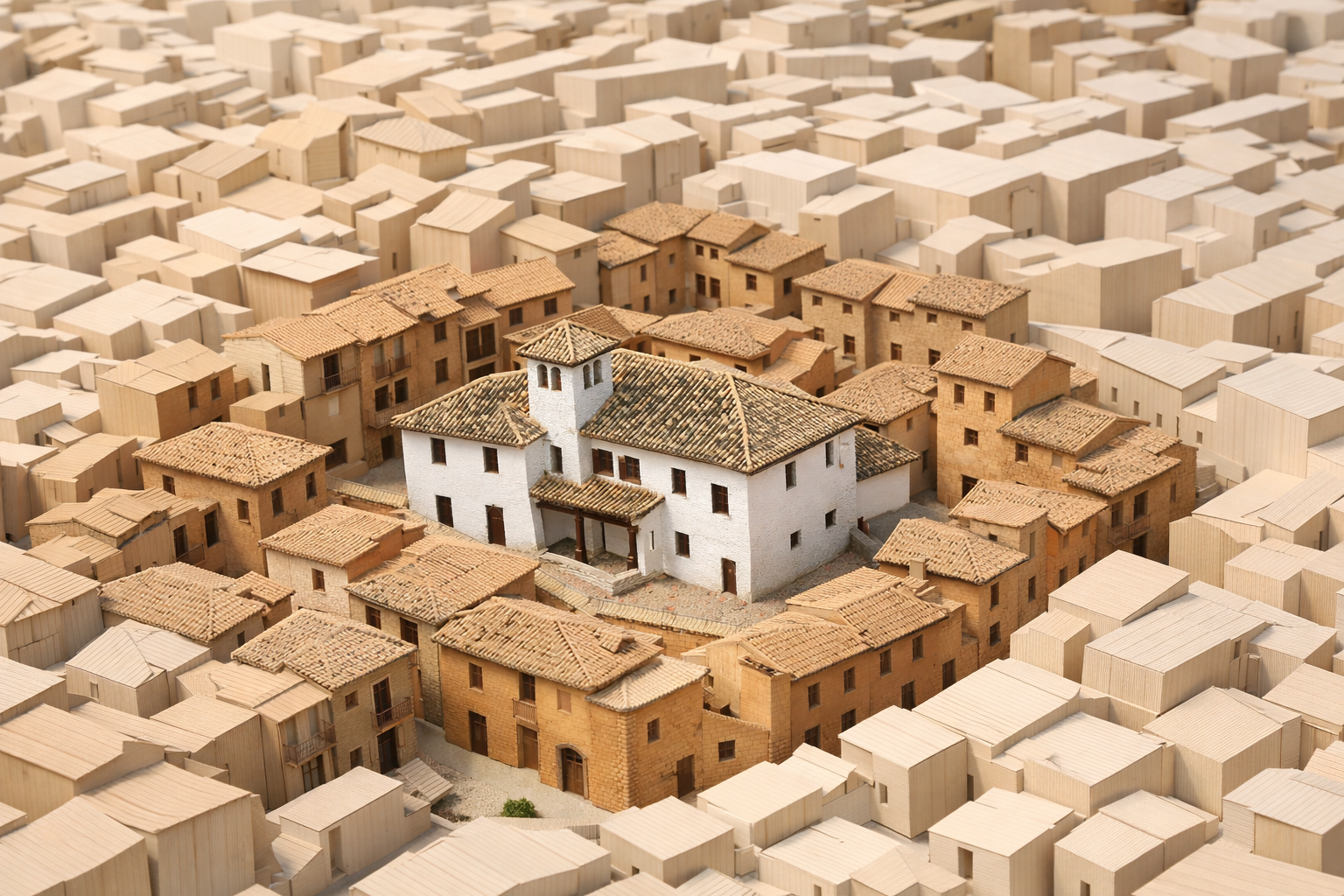 Maqueta arquitectónica que representa un Bien de Interés Cultural (BIC) y la delimitación de su entorno de protección en un casco histórico.