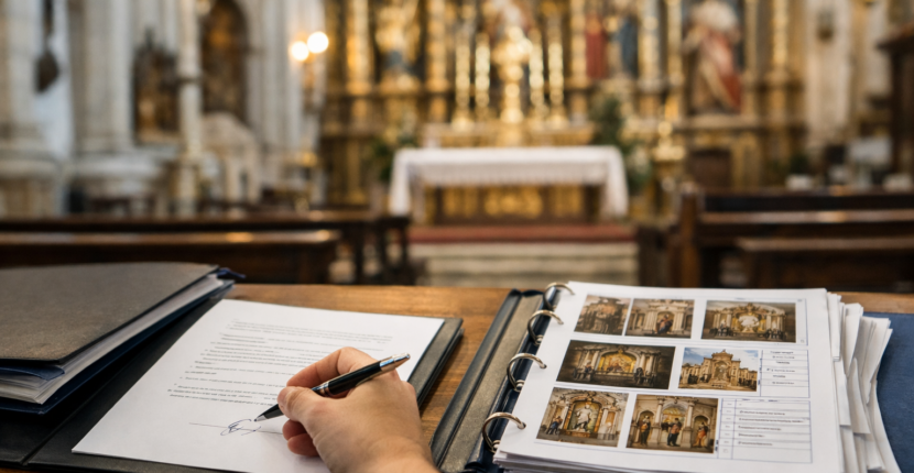 Mesa de trabajo con planos arquitectónicos, cartografía histórica de Granada y tablet con visualizador urbanístico para proyectos de restauración.